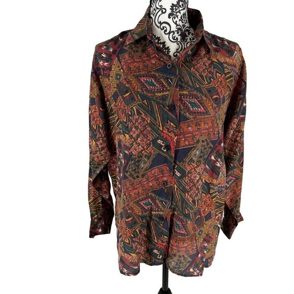 Best American Clothing 100% Silk Southwestern Print Button-Up Blouse Size Small - Picture 2 of 14